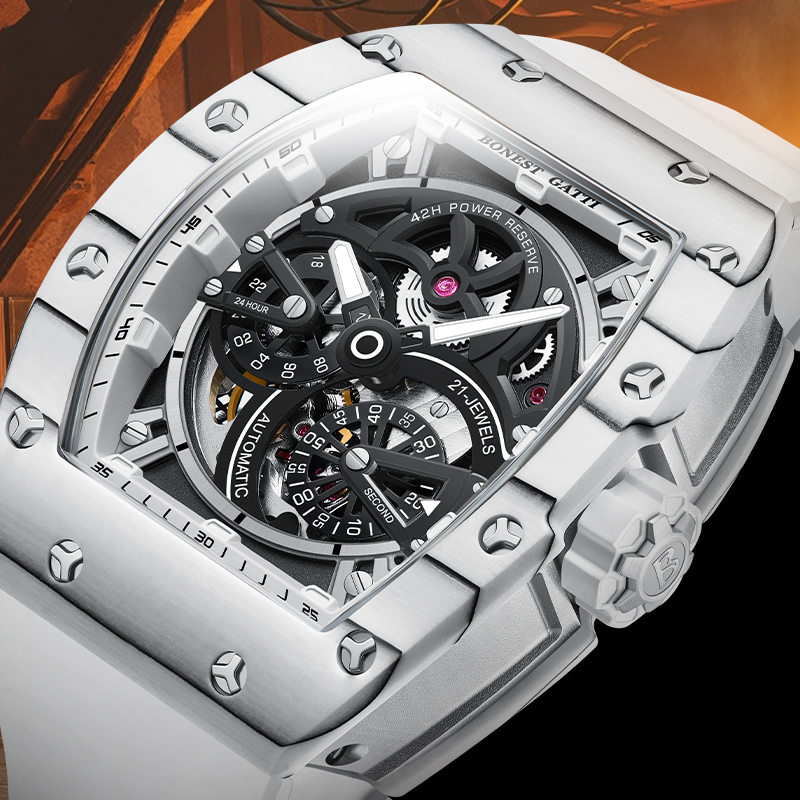 Luxury Watch Rubber Strap - BONEST GATTI Men's Mechanical Watch Tonneau-Shaped