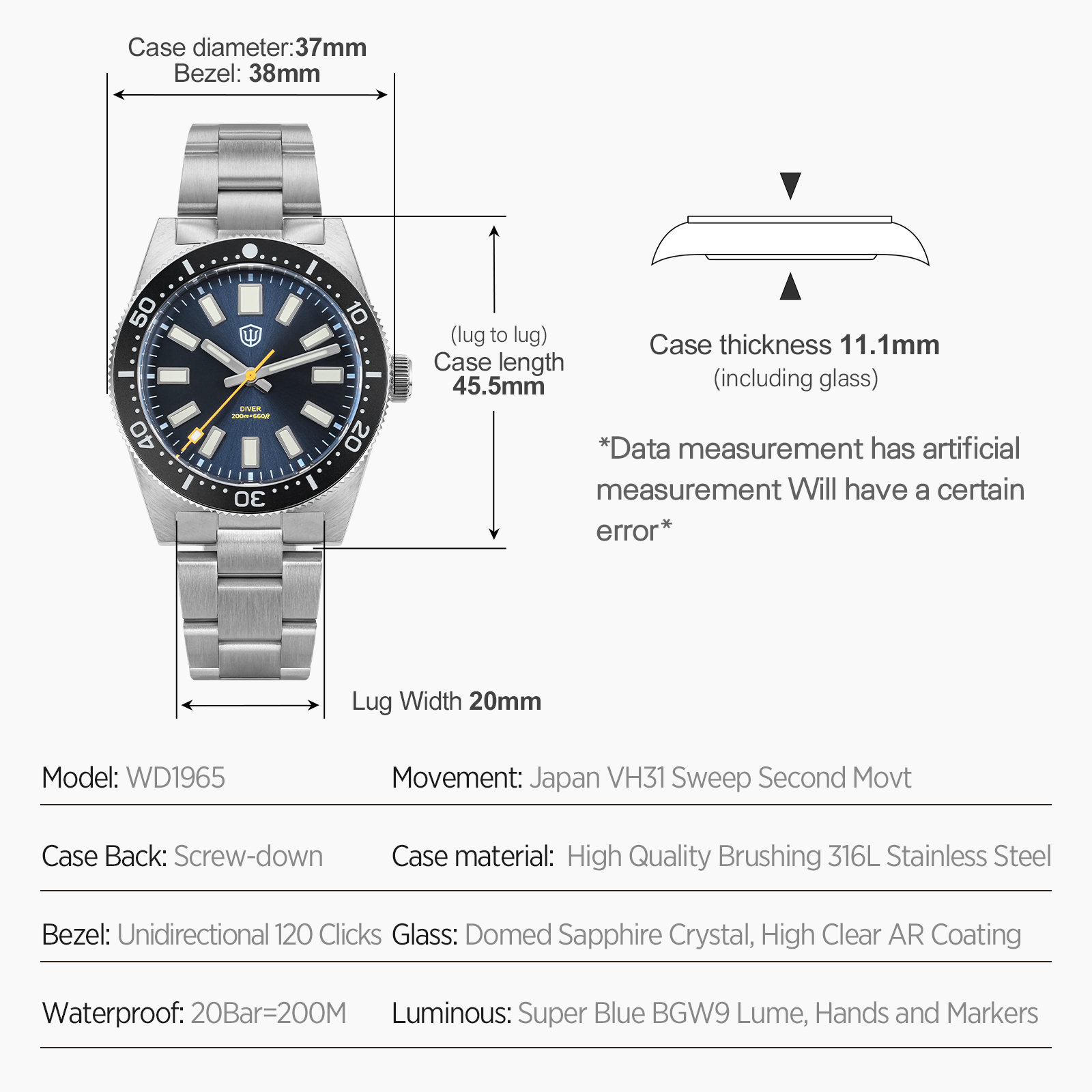Watchdives 37Mm WD1965 V2 Man  - Luxury Watch Hand review and price