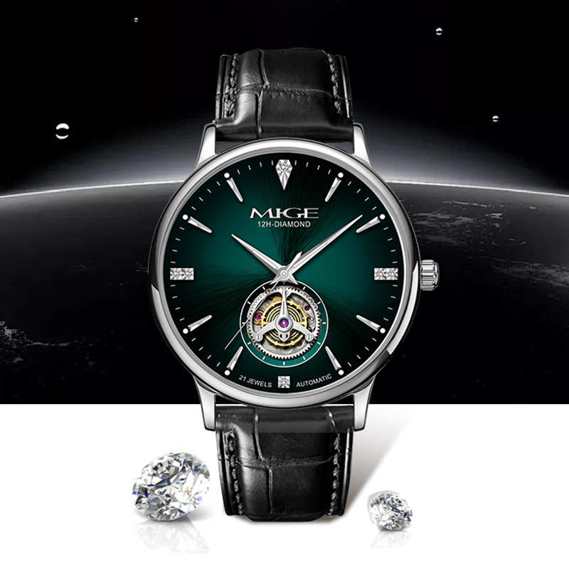 MIGE Thin Mens Open Heart Auto - Luxury Watch Green Dial review and price