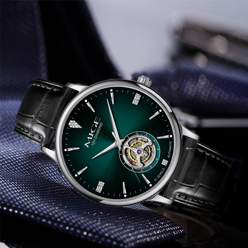 MIGE Thin Mens Open Heart Auto - Luxury Watch Green Dial review and price