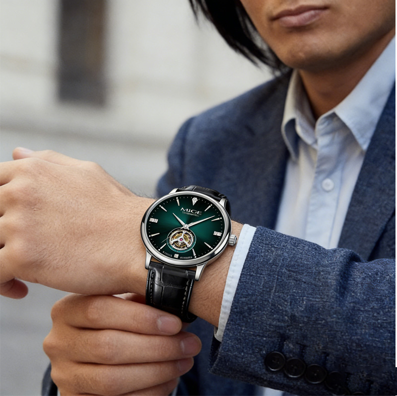 MIGE Thin Mens Open Heart Auto - Luxury Watch Green Dial review and price